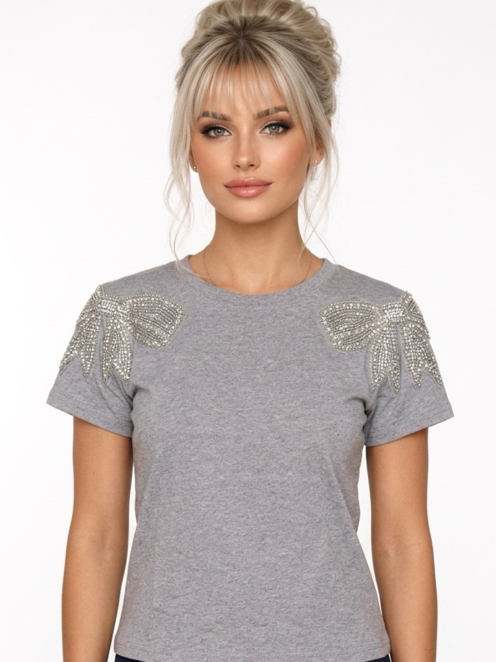 Lizette Collection T-Shirt crop Womens M Heather Gray Embellished Bow Crew Neck​